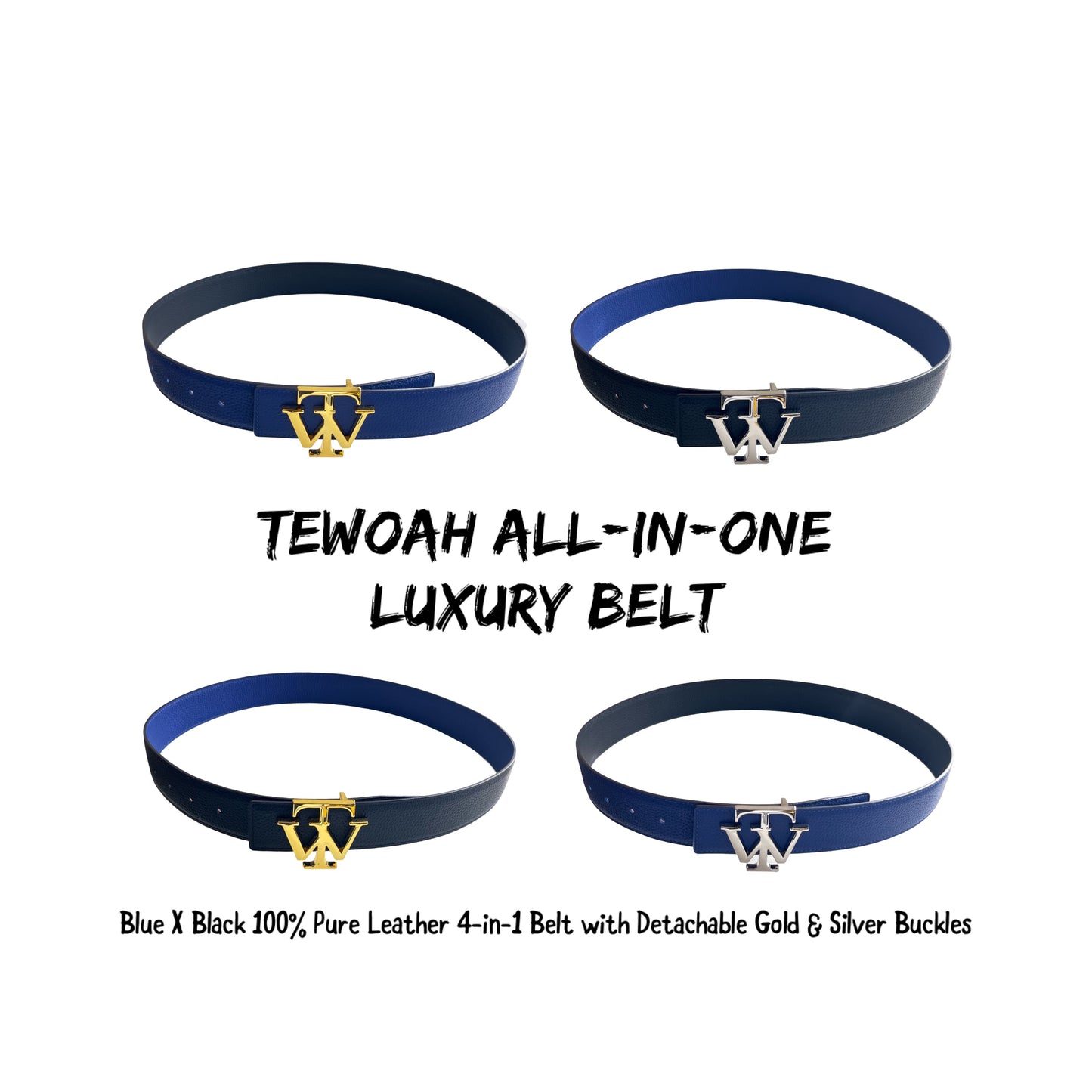 4-in-1 Luxury Reversible Cowhide 100% Leather Belt Black/Blue by Tewoah